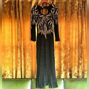 Vintage Black Gold Beaded Silk Gown | Long Sleeve M Bob Mackie